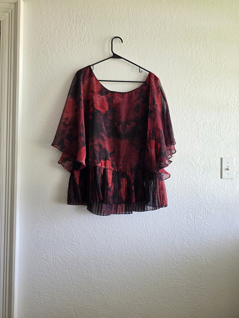 Gothic Vamp Red Floral Chiffon Red and Black Floral Layered Chiffon Blouse